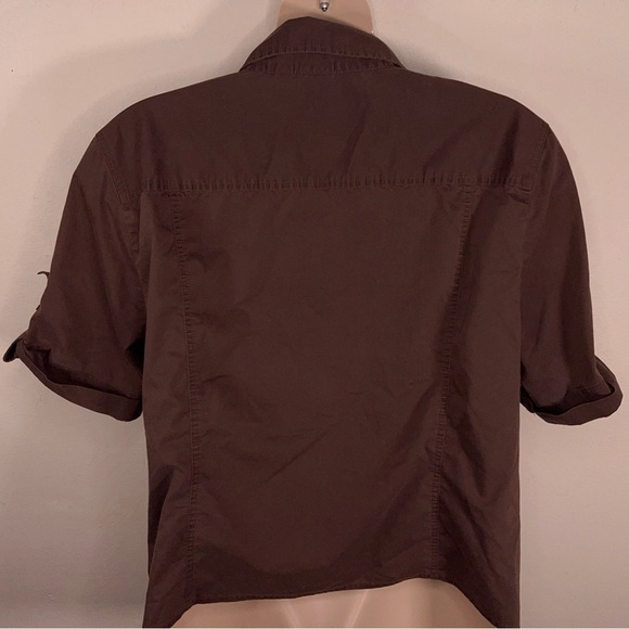 26W 28WCATO BROWN WRAP BLOUSE TOP COLLAR SHORT SLEEVE STRETCH COTTON BLEND - Picture 4 of 12